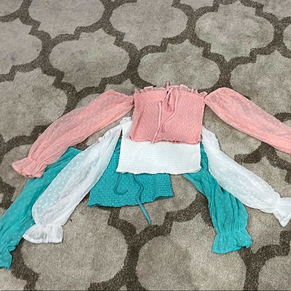 Pink, White, and Teal Smocked Crop Top with Sheer Sleeves for preppy cute teens